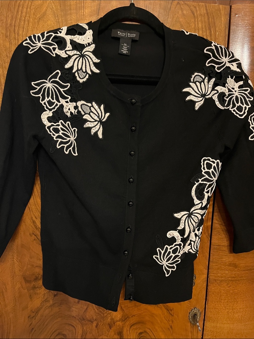 White House Black Market Black Cardigan with White/Silver Embroidery Size XS - Picture 7 of 11